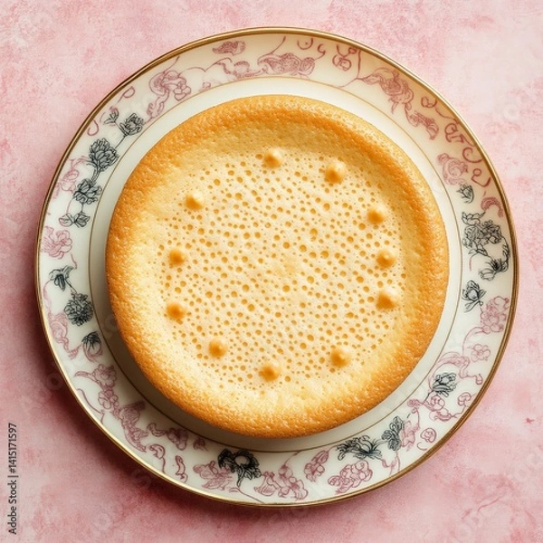 Fototapeta Top view of Vanilla sponge cake in ceramic chineese design plate on a pink elegant background beans --v 6.1 Job ID: 482bf453-4007-496c-965b-bfe6ea5282f5