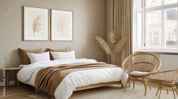 Fototapeta A serene and stylish bedroom with warm neutral tones and natural elements.