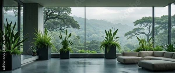 Fototapeta Modern Indoor Lounge with Greenery and Large Windows Overlooking Nature.