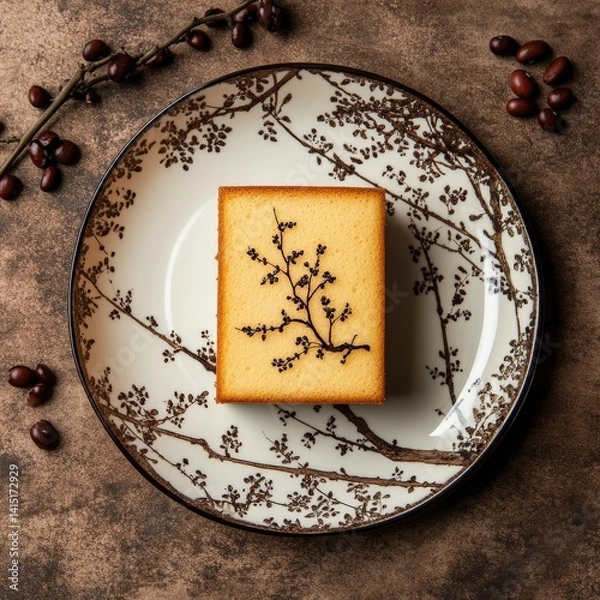 Fototapeta Top view of Vanilla sponge cake in ceramic chineese design plate on a brown elegant background beans --v 6.1 Job ID: a1e47d91-0be0-46c1-8ae6-d6f2eb68c51d