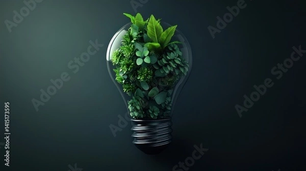 Fototapeta Nature lightbulb, sustainable energy, minimalist style, design element, illustration, 3d graphic, studio shot, creative concept