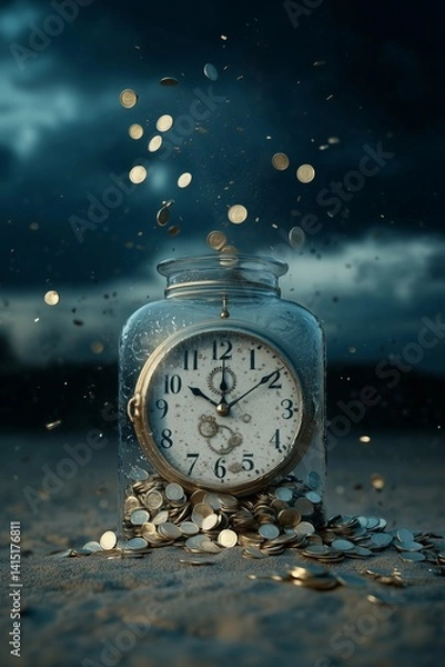 Fototapeta Glass jar with a clock face with golden money flying out and piling up in front