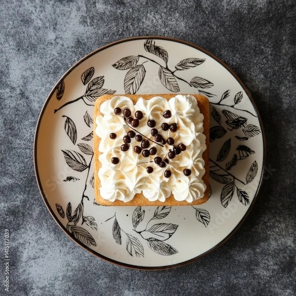 Fototapeta Top view of Vanilla sponge cake in ceramic leaf design plate on a gray elegant background beans --v 6.1 Job ID: c9cebec4-246b-4f39-81d5-3c4ef97514ac
