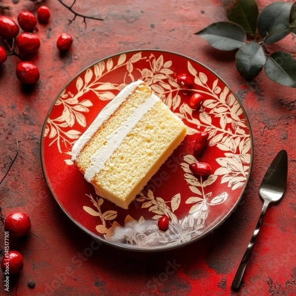 Fototapeta Scrumptious Vanilla Cake Slice on Red Plate: A Delightful Dessert Photography
