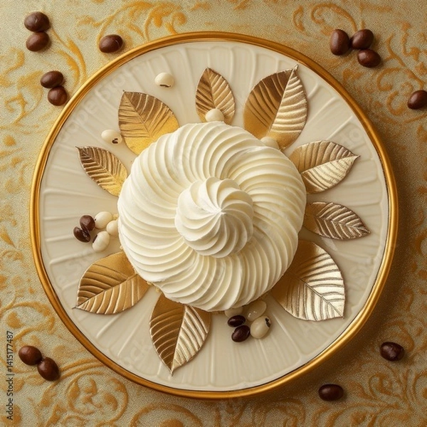 Fototapeta Top view of Vanilla sponge cake in ceramic leaf design plate on a gold elegant background beans --v 6.1 Job ID: e58c0996-19c5-40bc-9b32-bc7926f7b8bd