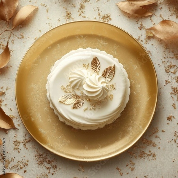 Fototapeta Top view of Vanilla sponge cake in ceramic leaf design plate on a gold elegant background beans --v 6.1 Job ID: e58c0996-19c5-40bc-9b32-bc7926f7b8bd
