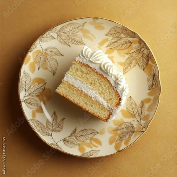 Fototapeta Top view of Vanilla sponge cake in ceramic leaf design plate on a gold elegant background beans --v 6.1 Job ID: e58c0996-19c5-40bc-9b32-bc7926f7b8bd