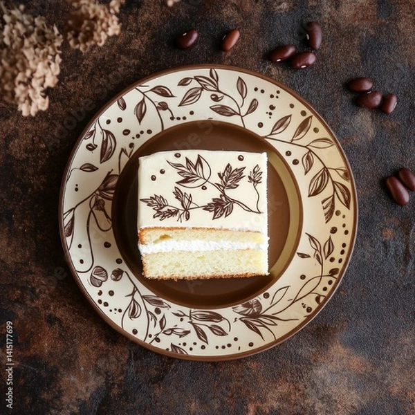 Fototapeta Top view of Vanilla sponge cake in ceramic leaf design plate on a brown elegant background beans --v 6.1 Job ID: e92abd46-992f-4569-8a1d-9291cbf54f29