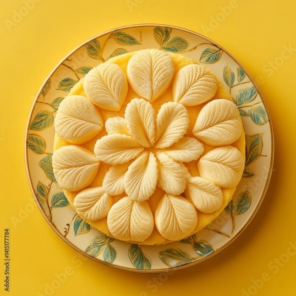 Fototapeta Top view of Vanilla sponge cake in ceramic leaf design plate on a yellow elegant background beans --v 6.1 Job ID: f9f57d66-4a18-4912-84d0-706c6b8cab0b