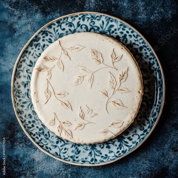 Fototapeta Elegant Vanilla Bean Cheesecake with Delicate Leaf Pattern: A Culinary Masterpiece