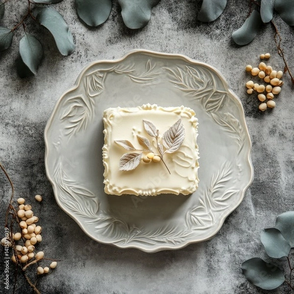 Fototapeta Top view of Vanilla sponge cake in ceramic leaf design plate on a gray elegant background beans --v 6.1 Job ID: f989da16-91c7-4170-9d40-0f9a6265ad8f