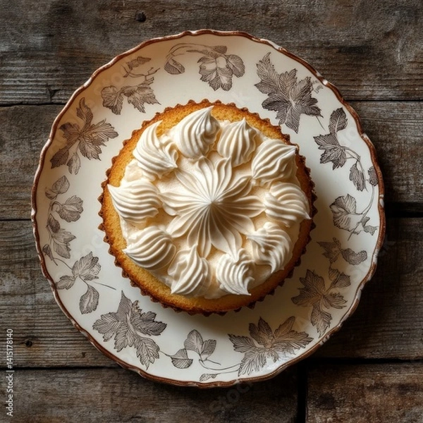 Fototapeta Top view of Vanilla sponge cake in ceramic leaf design plate on a wooden elegant background beans --v 6.1 Job ID: fc3239f5-4fbe-47e8-ab76-440864e175cb