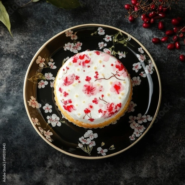 Fototapeta Top view of Vanilla sponge cake in Floral Pattern design plate on a black elegant background beans --v 6.1 Job ID: 3c33e3bb-efa6-4ef7-ba95-236b0638204d