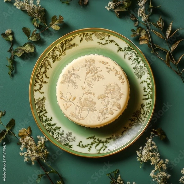 Obraz Top view of Vanilla sponge cake in Floral Pattern design plate on a green elegant background beans --v 6.1 Job ID: 3ca86acc-d91b-48db-88d4-ed84c8ebe5b4