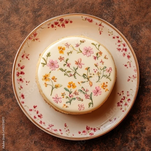 Fototapeta Top view of Vanilla sponge cake in Floral Pattern design plate on a brown elegant background beans --v 6.1 Job ID: 2db43c98-7797-4a55-aa91-72528e22f31a
