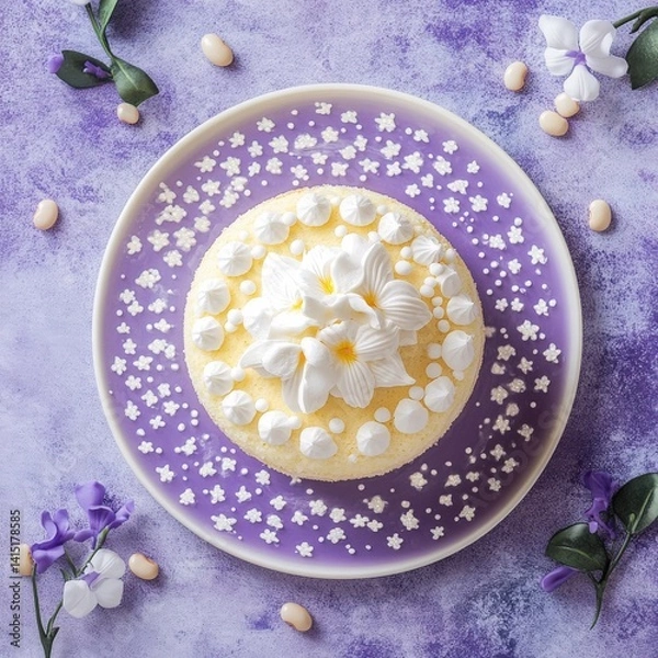 Fototapeta Top view of Vanilla sponge cake in Floral Pattern design plate on a purple elegant background beans --v 6.1 Job ID: 7aa0c248-3ca2-4ce8-b989-87f84d5f40b9