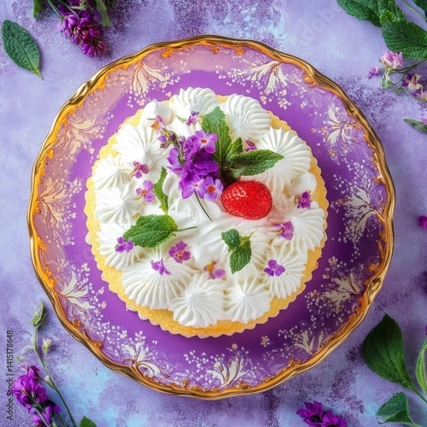 Fototapeta Top view of Vanilla sponge cake in Floral Pattern design plate on a purple elegant background beans --v 6.1 Job ID: 7aa0c248-3ca2-4ce8-b989-87f84d5f40b9