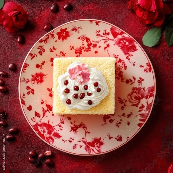 Fototapeta Top view of Vanilla sponge cake in Floral Pattern design plate on a red elegant background beans --v 6.1 Job ID: 7ae096de-345a-409f-a9e2-fabda22c4e84