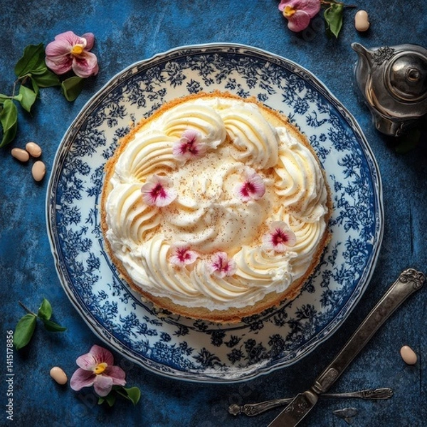 Fototapeta Top view of Vanilla sponge cake in Floral Pattern design plate on a blue elegant background beans --v 6.1 Job ID: 7c29b429-182b-48ff-a84a-d0f7307a4bfa