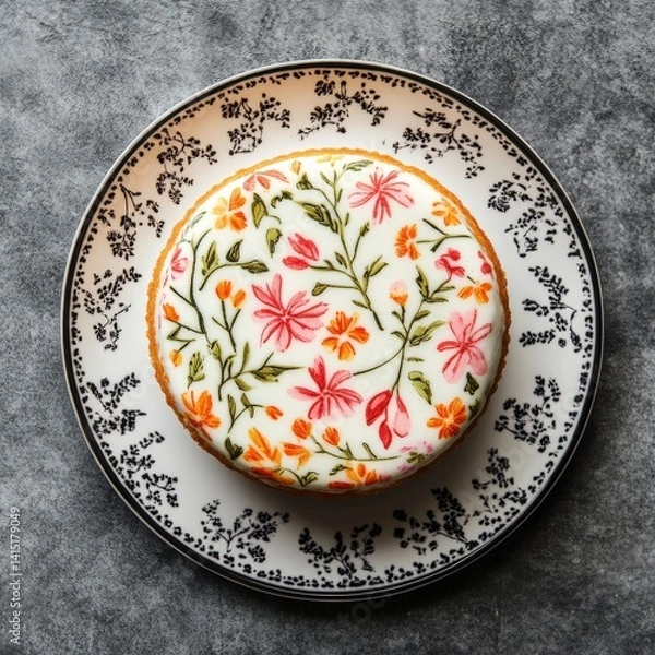 Fototapeta Top view of Vanilla sponge cake in Floral Pattern design plate on a gray elegant background beans --v 6.1 Job ID: 8cbfcb73-26e1-4615-85bc-5b1662d36e80