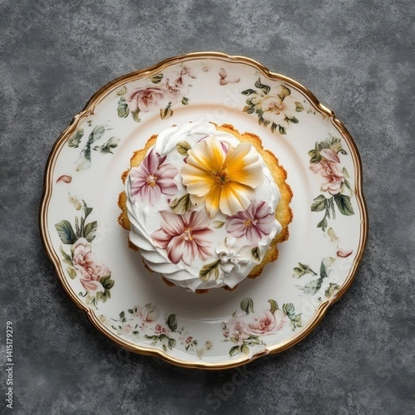 Fototapeta Top view of Vanilla sponge cake in Floral Pattern design plate on a gray elegant background beans --v 6.1 Job ID: 9e8c1955-0660-4da7-bf94-e04758c2736c