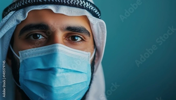 Obraz Arab Man Shielding Himself From Coronavirus With Medical Face Mask On The Street