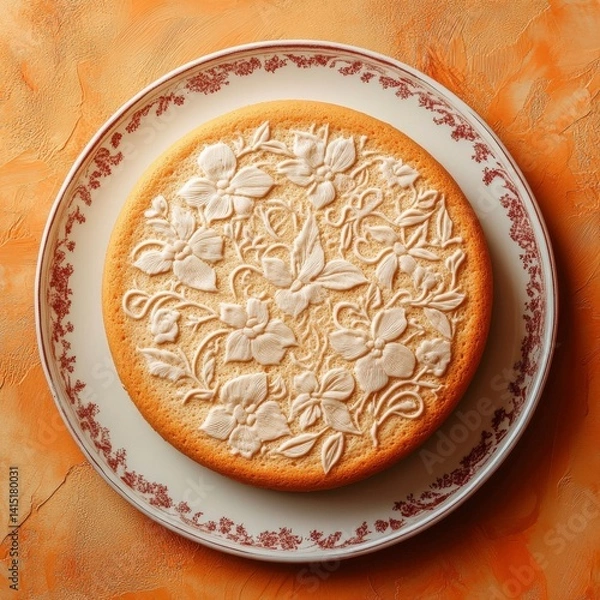 Fototapeta Top view of Vanilla sponge cake in Floral Pattern design plate on a orange elegant background beans --v 6.1 Job ID: 98dfb48f-a62e-49a2-97a4-112a04903bea