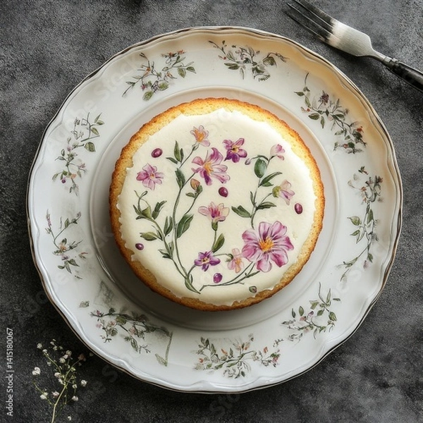 Fototapeta Top view of Vanilla sponge cake in Floral Pattern design plate on a gray elegant background beans --v 6.1 Job ID: 104ec43e-39cd-49c8-9fdd-8547910f13b3