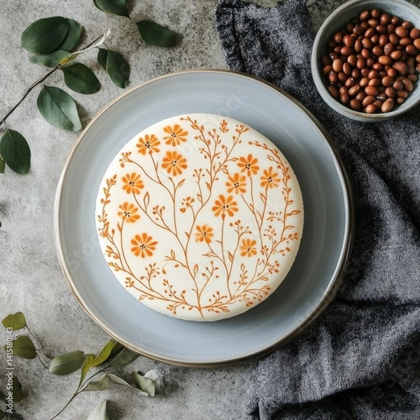 Fototapeta Top view of Vanilla sponge cake in Floral Pattern design plate on a gray elegant background beans --v 6.1 Job ID: 104ec43e-39cd-49c8-9fdd-8547910f13b3