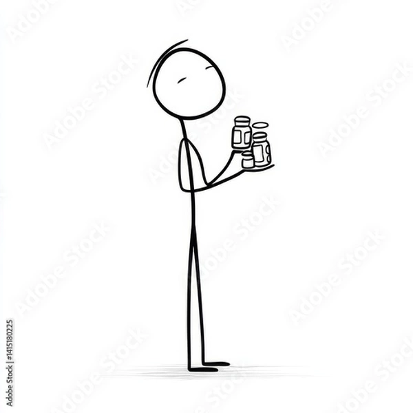 Fototapeta Simple stick figure holding bottles of medication on a tray, drawn in a minimalist style.