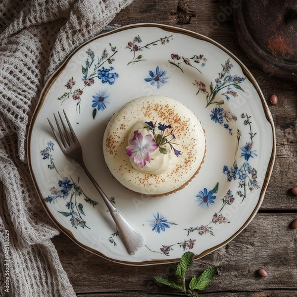 Fototapeta Top view of Vanilla sponge cake in Floral Pattern design plate on a wooden elegant background beans --v 6.1 Job ID: 0830b124-77d0-41c0-993e-4ae056aef9d2