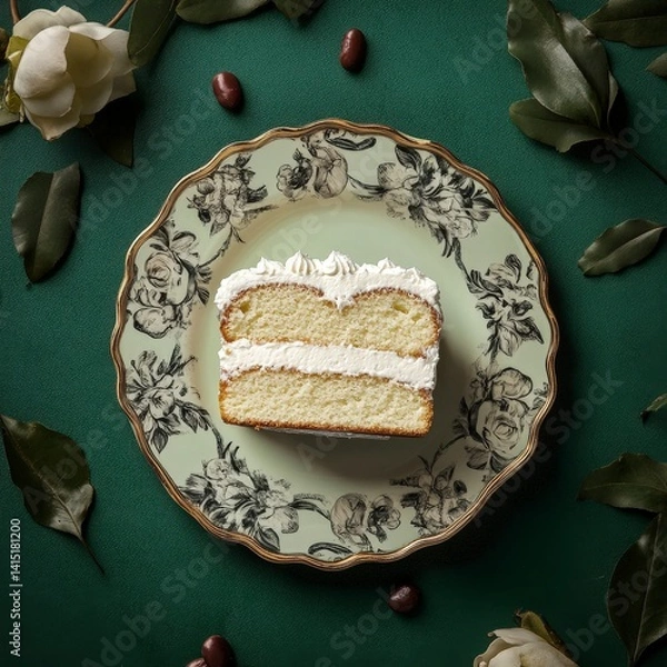 Fototapeta Top view of Vanilla sponge cake in Floral Pattern design plate on a green elegant background beans --v 6.1 Job ID: 4607e968-7faf-40a7-ad0a-561e93855ed1