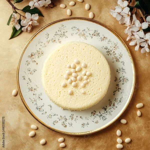 Fototapeta Top view of Vanilla sponge cake in Floral Pattern design plate on a gold elegant background beans --v 6.1 Job ID: 85209e1c-e876-4a56-80c3-143a3a9a6a1a