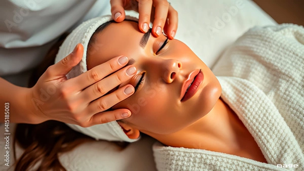 Fototapeta Beautiful female hands giving a rejuvenating facial massage to a strikingly beautiful girl in a white terry robe in a luxury spa center