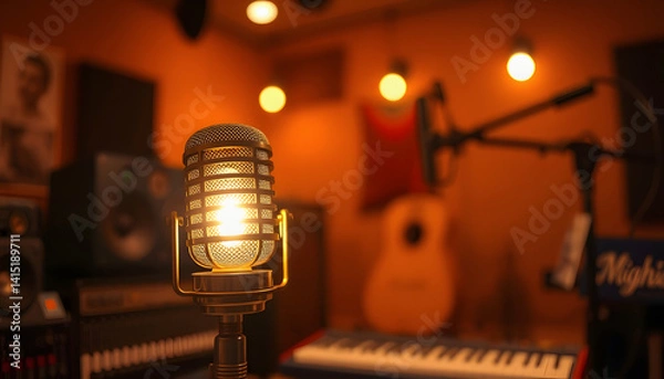 Fototapeta A vintage microphone illuminated by warm ambient lighting in the foreground of a music studio, mindfulness theme, with white tones