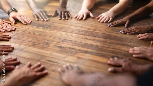 Fototapeta Diverse hands of various ethnicities on wooden floor. Unity and teamwork shown by hands. Hands of different genders and ethnicities symbolizing collaboration and unity. Group workout on floor.