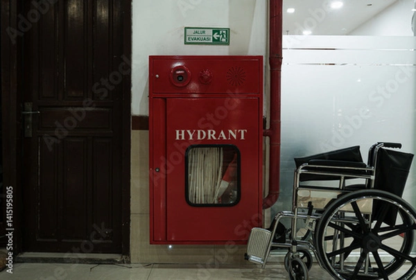 Obraz A red fire hydrant cabinet next to a wheelchair