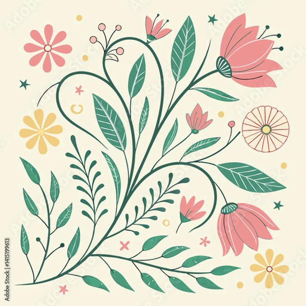 Fototapeta Botanical doodle background art vector set. Flower and leaves abstract shape doodle art design for print, wallpaper, clipart, wall art for home decoration 