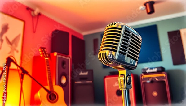 Fototapeta A vintage microphone illuminated by warm ambient lighting in the foreground of a music studio, crayon drawing, with white tones