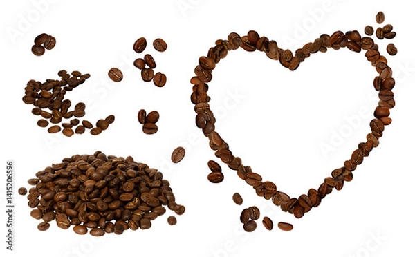 Obraz Сoffee elements set isolated on transparent background. Big coffee beans PNG. Many roasted grains pile cut out. Heart-shaped frame. Image for energy drink packaging, cafe menu design. Espresso blend