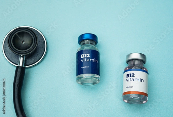 Obraz A stethoscope lies beside two vials of B12 vitamin injection. Health and medical concept