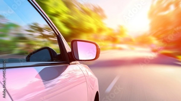 Fototapeta Car Driving Through a Sunny Tree-Lined Road with Vibrant Atmosphere and Reflections on a Bright Day