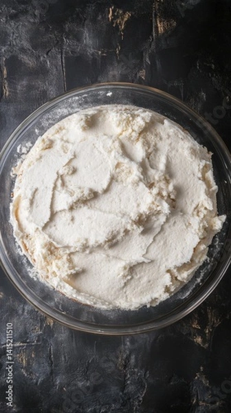 Obraz Top view of Vanilla sponge cake in transparent plate on a black brick wall background, hyper realistic photo with high quality