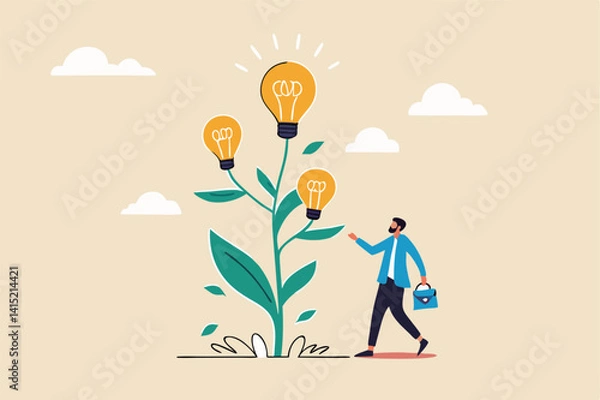 Fototapeta Planting new idea, growing business development, progress or growth strategy, solution, learning, education or creativity concept, smart businessman watering seedling grow high with lightbulb ideas.