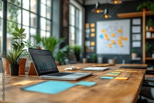 Obraz Laptop on wooden table with sticky notes and plants in a modern meeting room