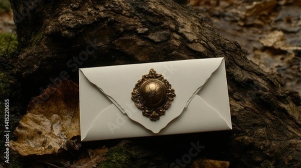 Obraz Elegant white envelope rests on a mossy log, adorned with a decorative bronze button