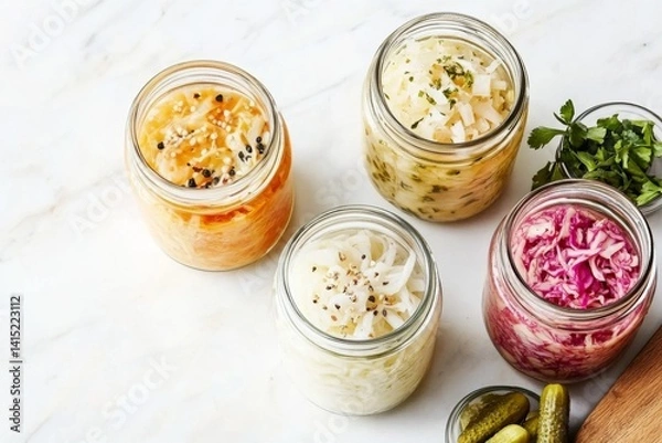 Fototapeta Top view of colorful sauerkraut, kimchi, and pickles in jars on wood. Natural textures and vibrant tones reflect a healthy, sustainable food culture