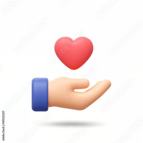 Fototapeta 3D cartoon hand holding heart icon isolated on white background - Main dessin animé 3D tenant une icône de cœur