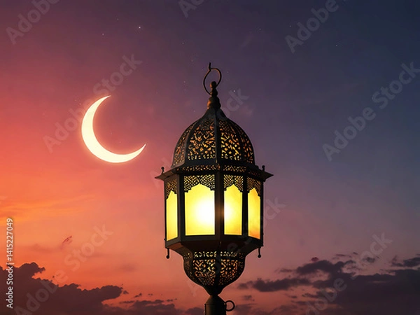 Fototapeta An Islamic lantern with crescent moon on sunset sky background. Eid-ul Fitre and Eid-ul Adha
