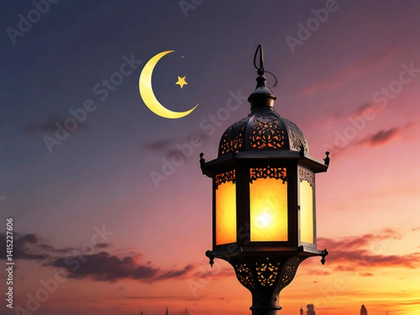 Fototapeta An Islamic lantern with crescent moon on sunset sky background. Eid-ul Fitre and Eid-ul Adha